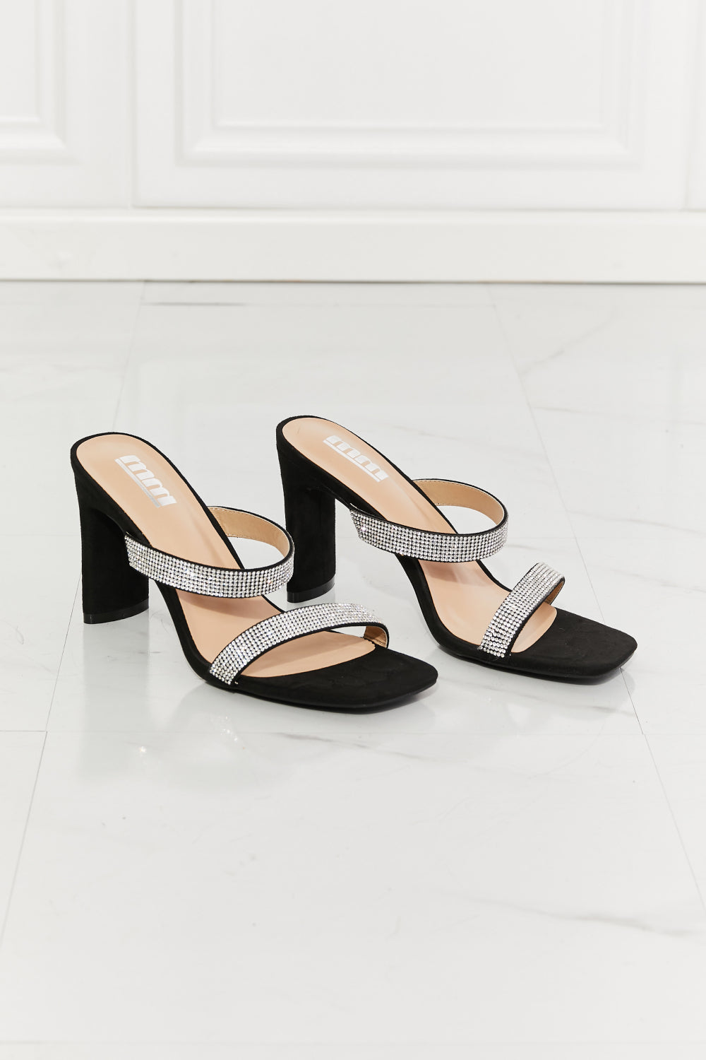 Leave A Little Sparkle Rhinestone Block Heel Sandals (Black)