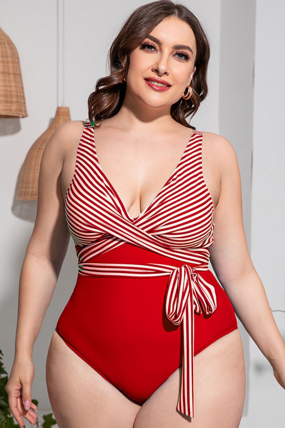 Plus Size Striped Tie-Waist One-Piece Swimsuit (4 Variants)