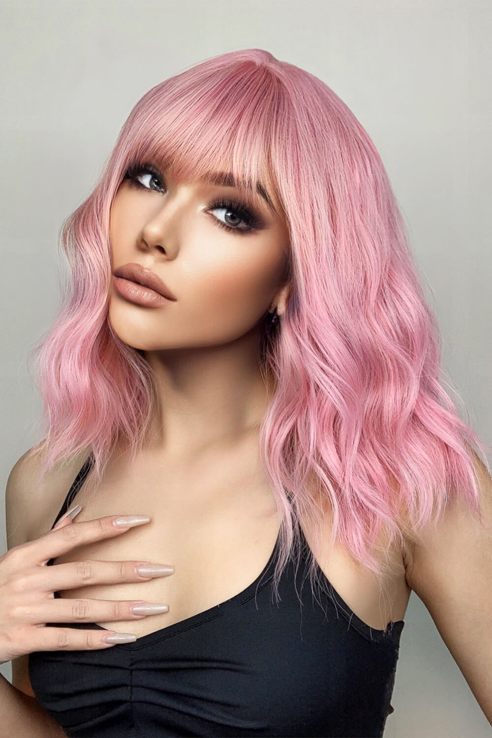 12" Pink / Copper Beach Wave Synthetic Wig With Bangs