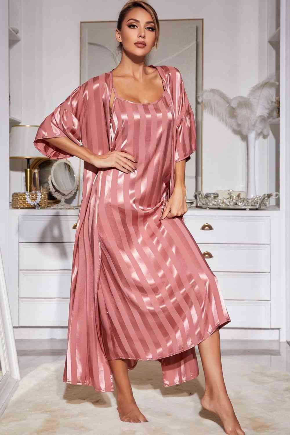 Striped Open Front Robe and Cami Night Gown Set