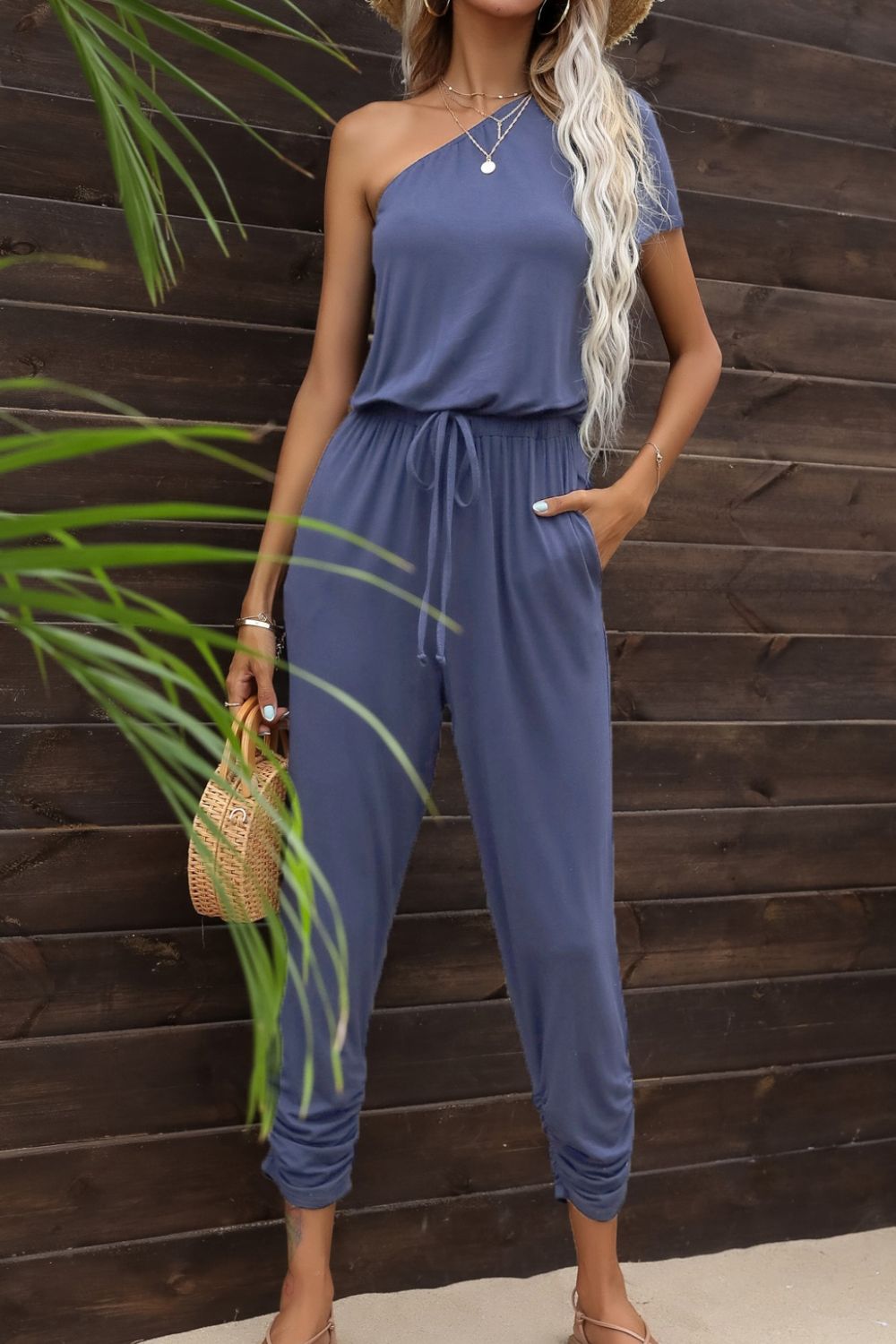 Drawstring Waist One-Shoulder Jumpsuit with Pockets (3 Variants)