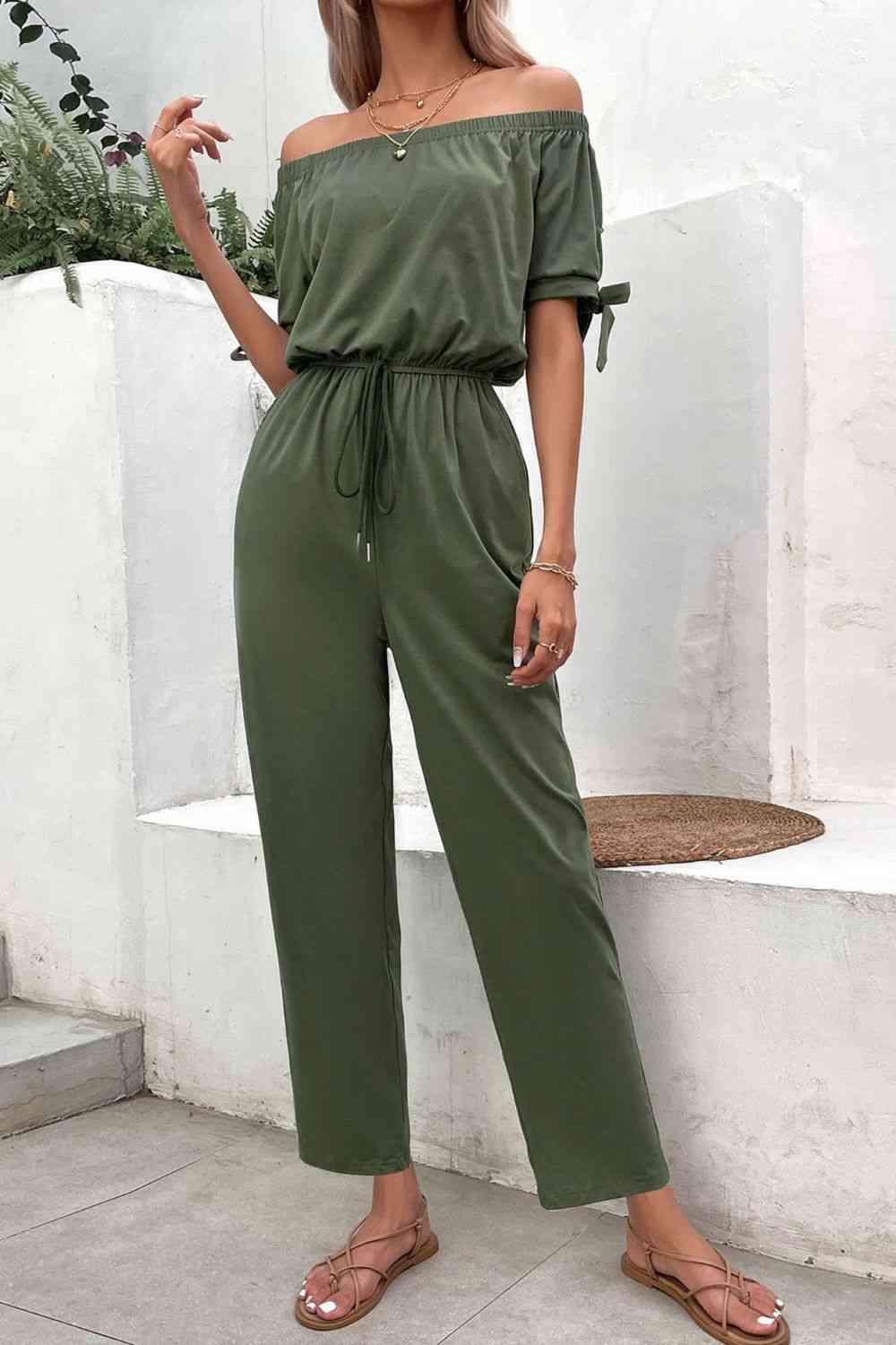 Off-Shoulder Tie Cuff Jumpsuit with Pockets (3 Variants)