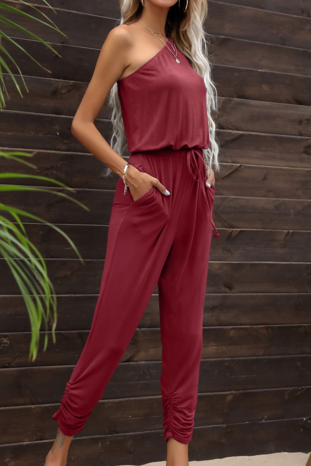 Drawstring Waist One-Shoulder Jumpsuit with Pockets (3 Variants)