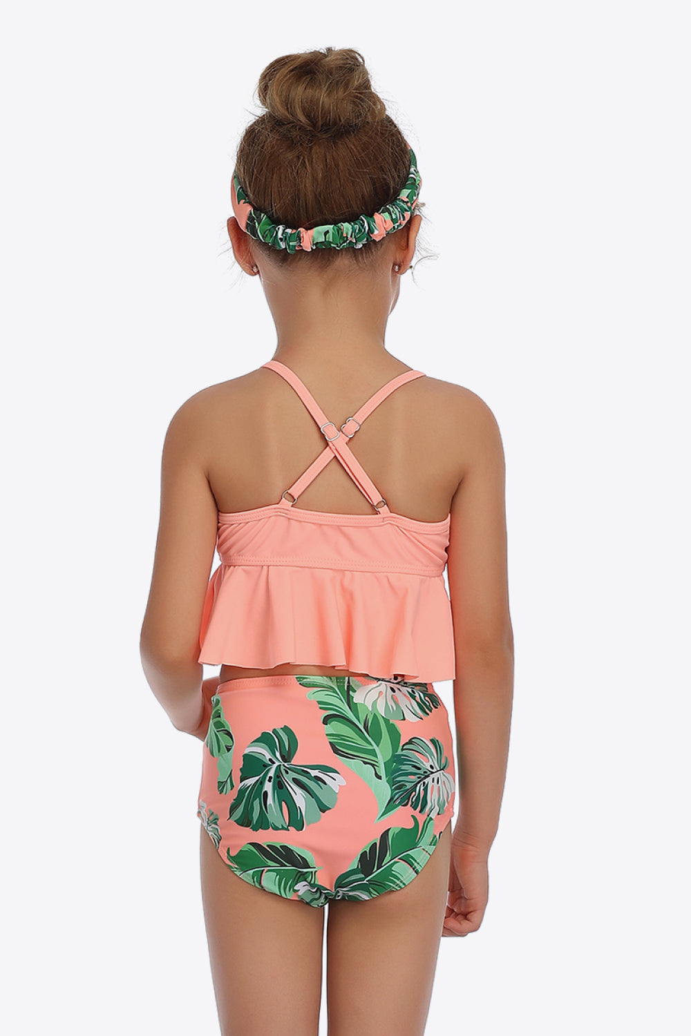 Girls Botanical Print Crisscross Ruffled Two-Piece Swim Set