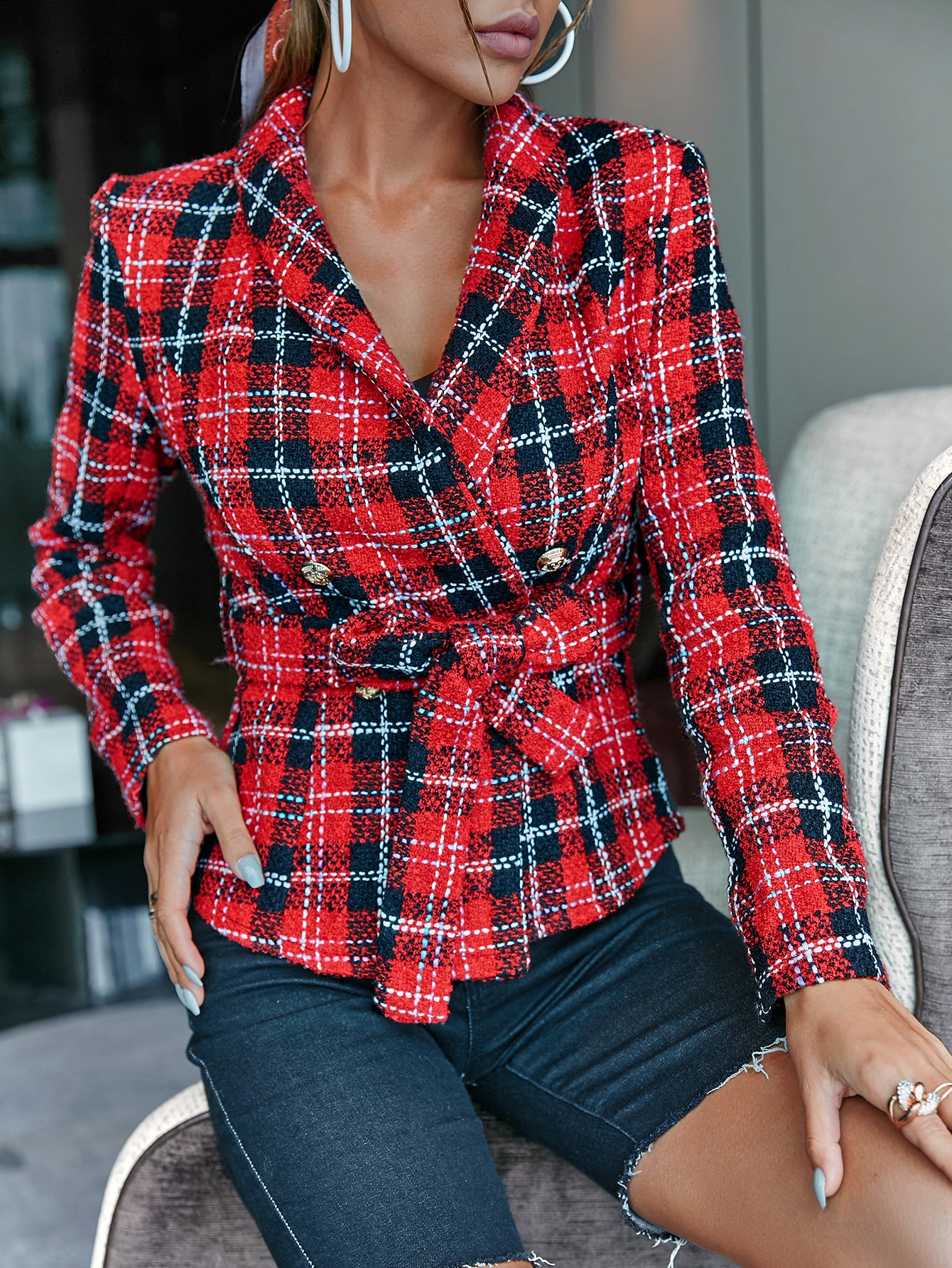 Plaid Tie-Waist Double-Breasted Blazer