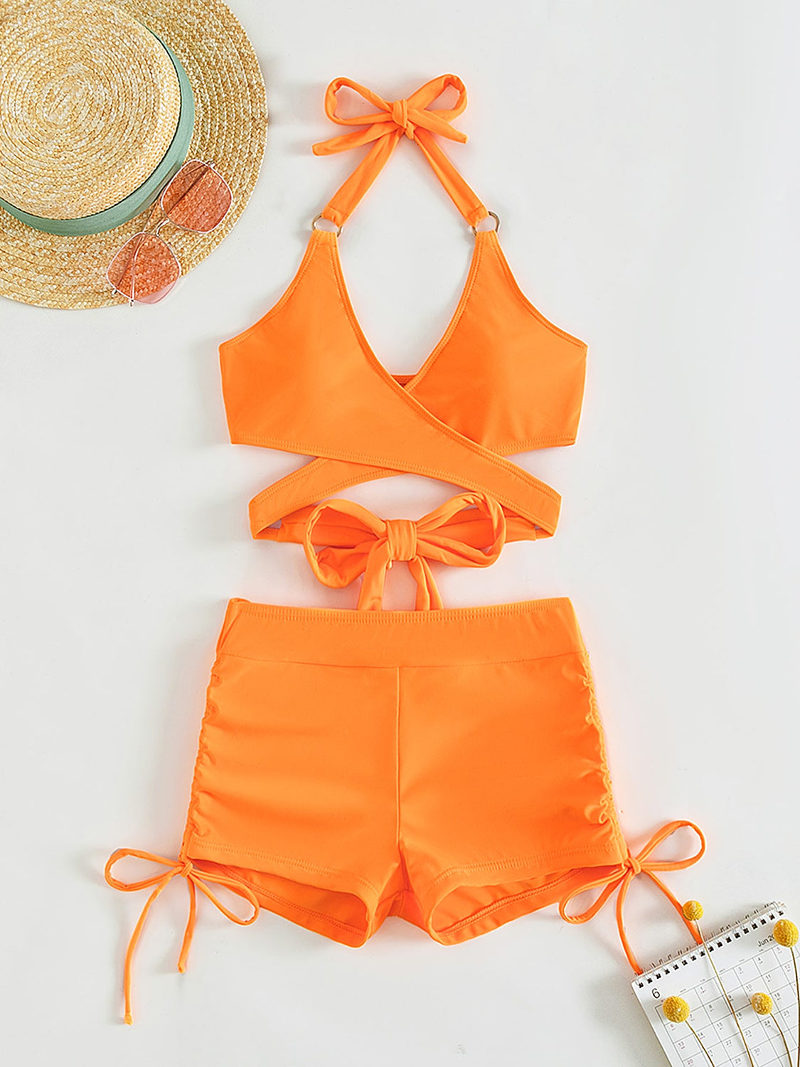 Crisscross Tied Top and Drawstring Shorts Swim Set (4 Variants)