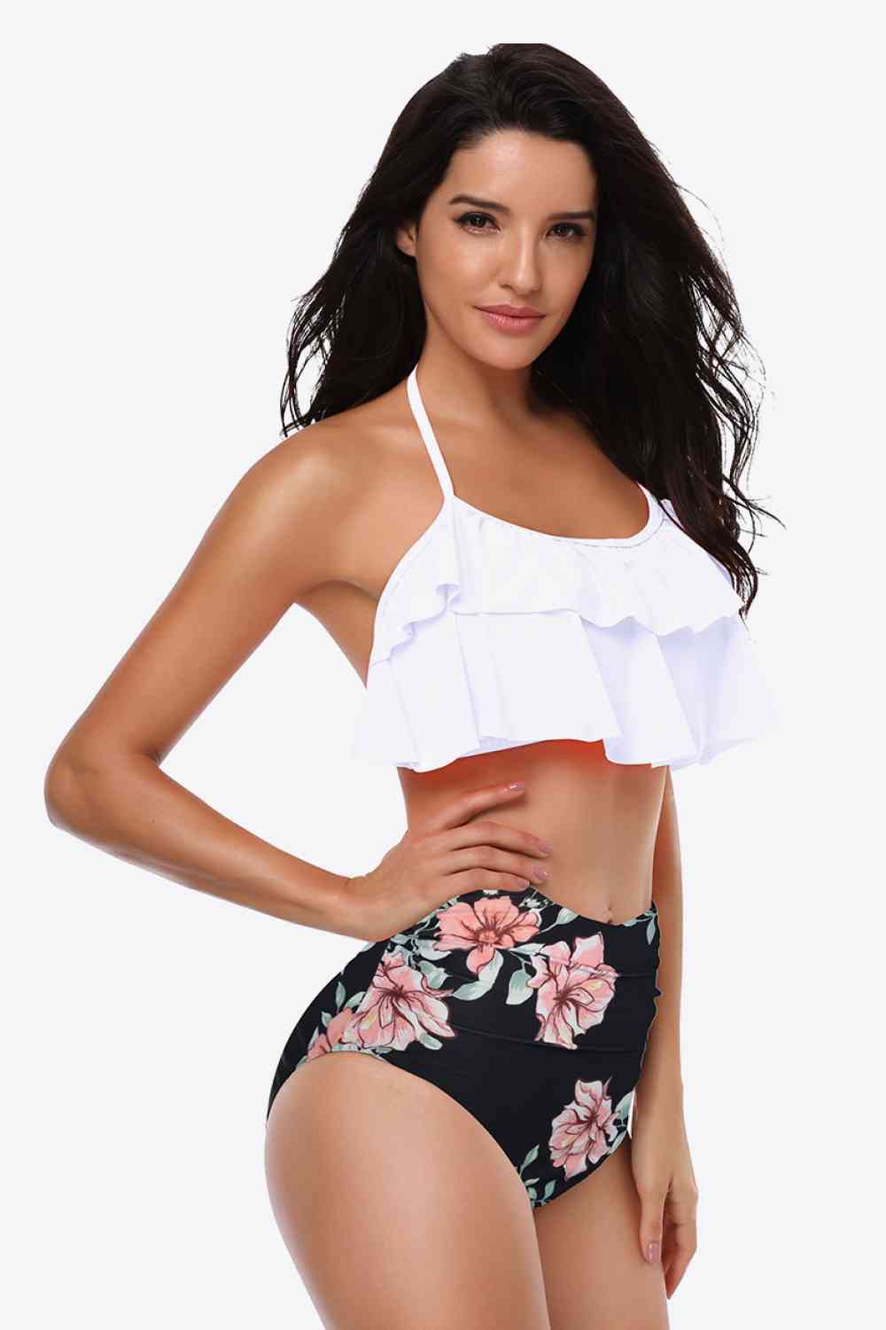 Two-Tone Ruffled Halter Neck Two-Piece Swimsuit (12 Variants)