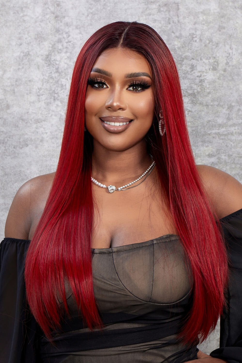 24" Cherry Red/Dark Root Blend Straight Synthetic Lace Front Wig