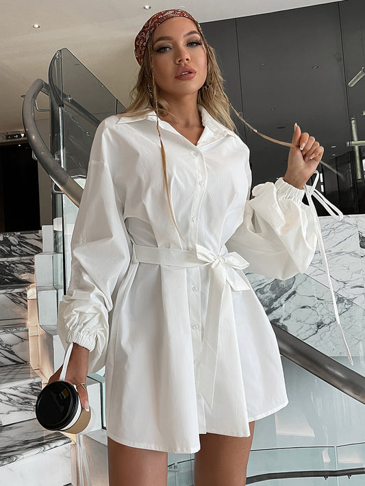 Drawstring Balloon Sleeves Belted Mini Shirt Dress