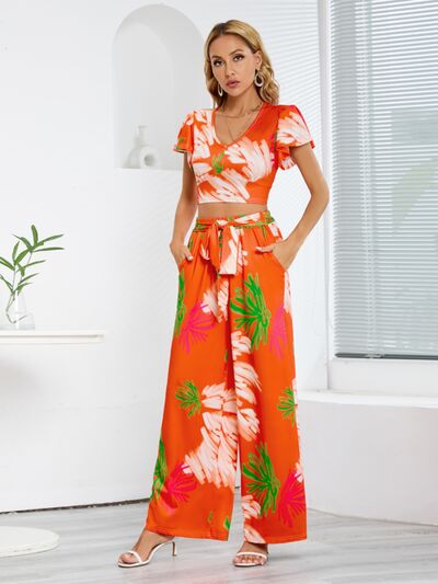 Tropical V-Neck Top & Tied Pants Set (3 Variants)