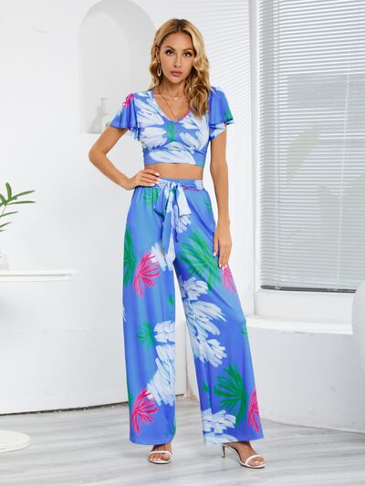 Tropical V-Neck Top & Tied Pants Set (3 Variants)