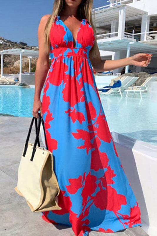 Blue & Red Halter Maxi Dress