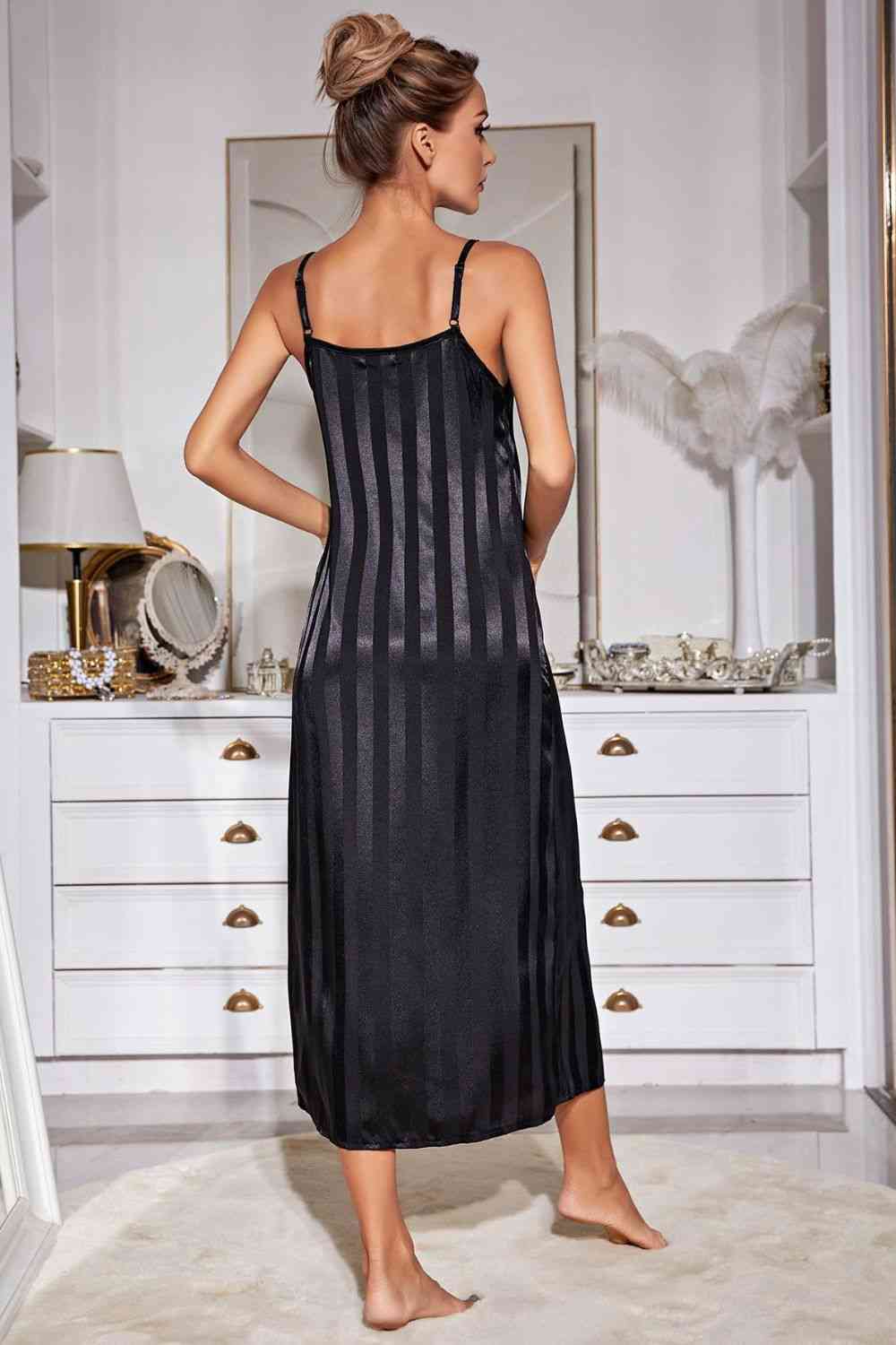 Striped Open Front Robe and Cami Night Gown Set