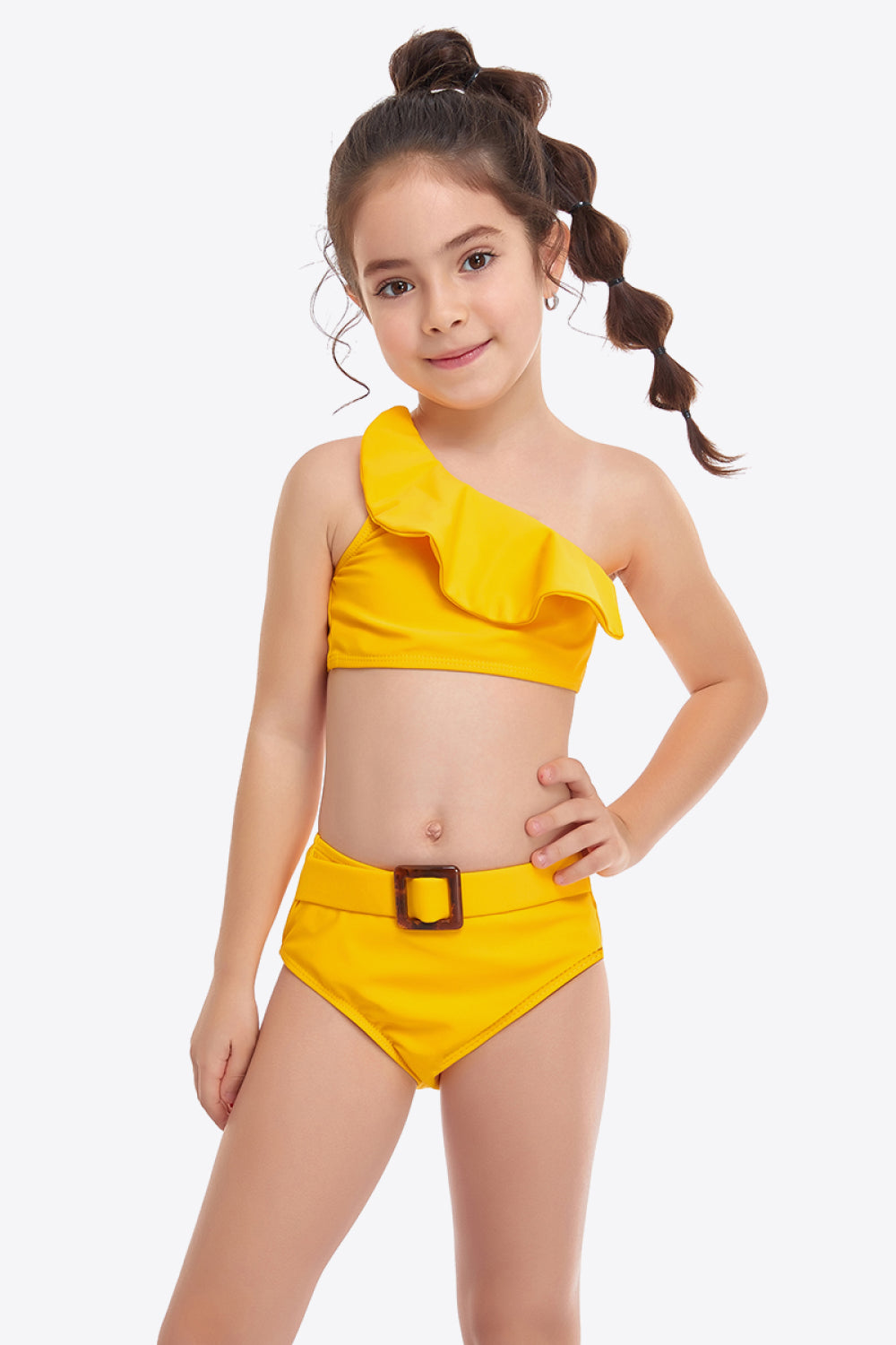 Girls Ruffled One-Shoulder Buckle Detail Two-Piece Swim Set