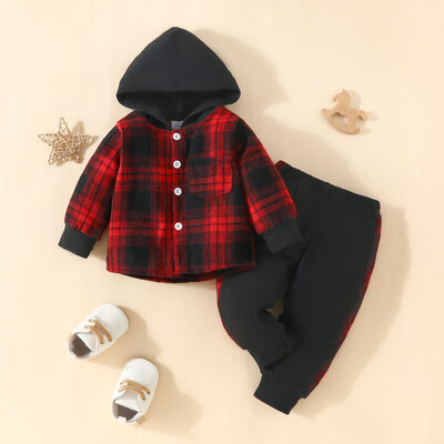 Boys Plaid Button Up Hoodie and Pants Set