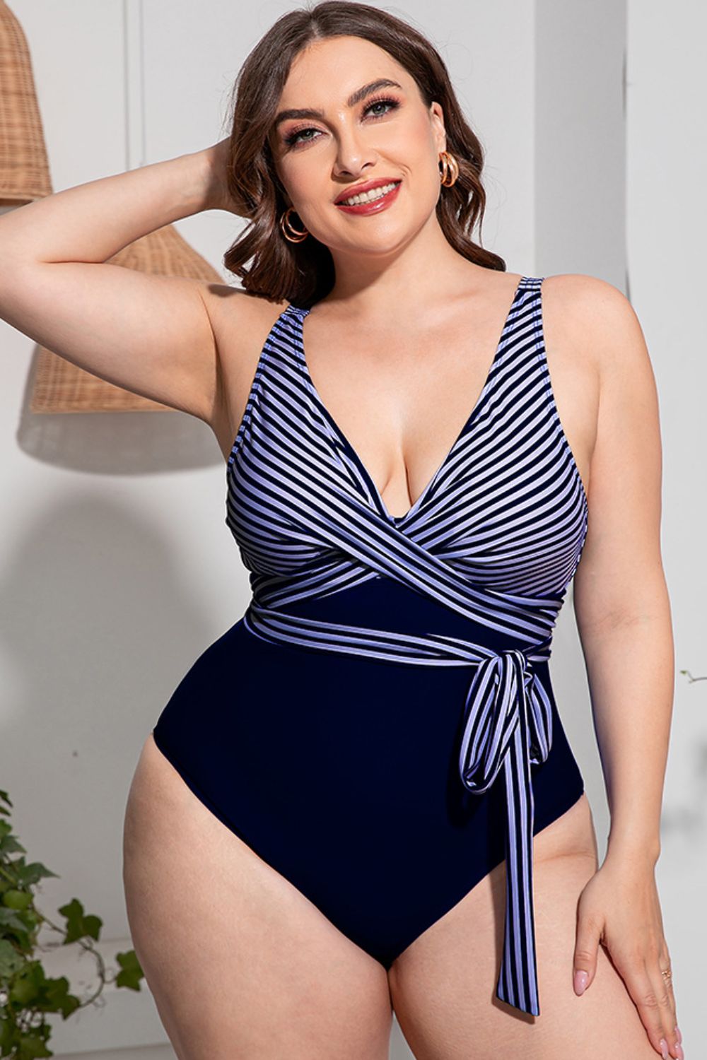 Plus Size Striped Tie-Waist One-Piece Swimsuit (4 Variants)