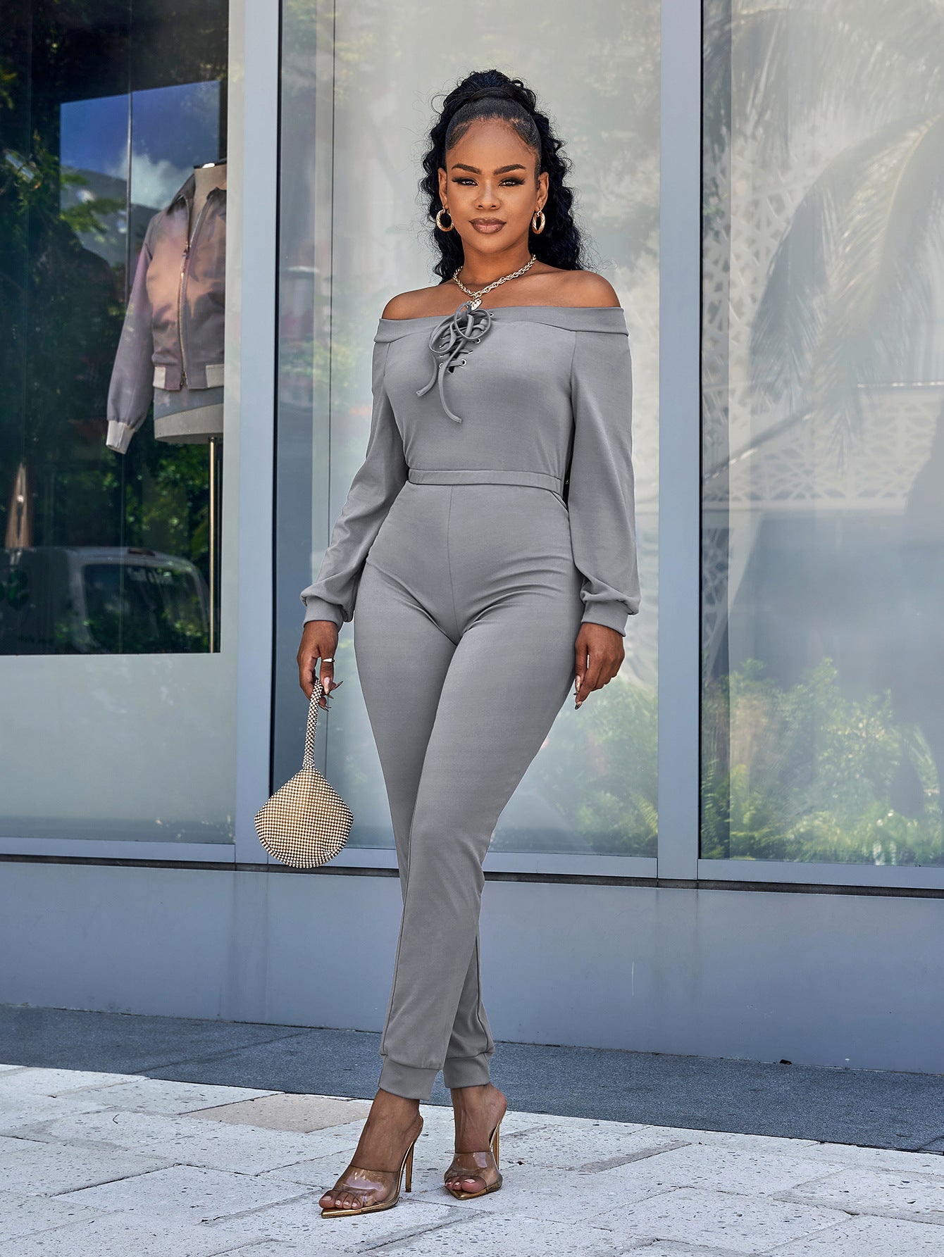 Lace-Up Off-Shoulder Long Sleeve Jumpsuit (3 Variants)