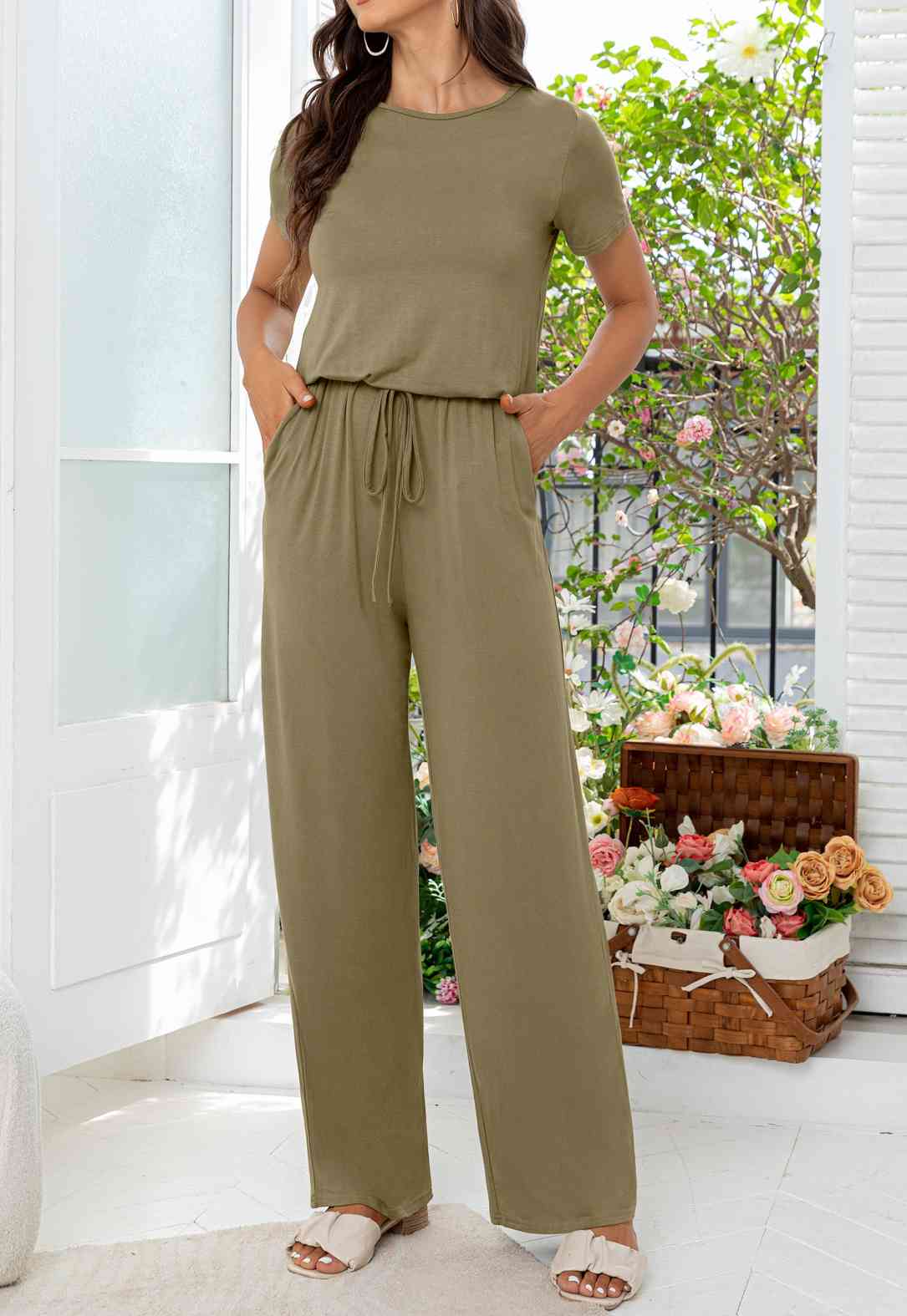 Round Neck Open Back Jumpsuit with Pockets (3 Variants)