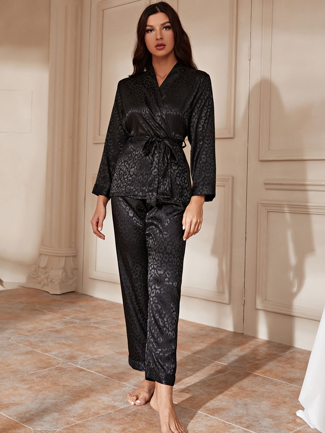 Black Tie Waist Long Sleeve Pajama Set