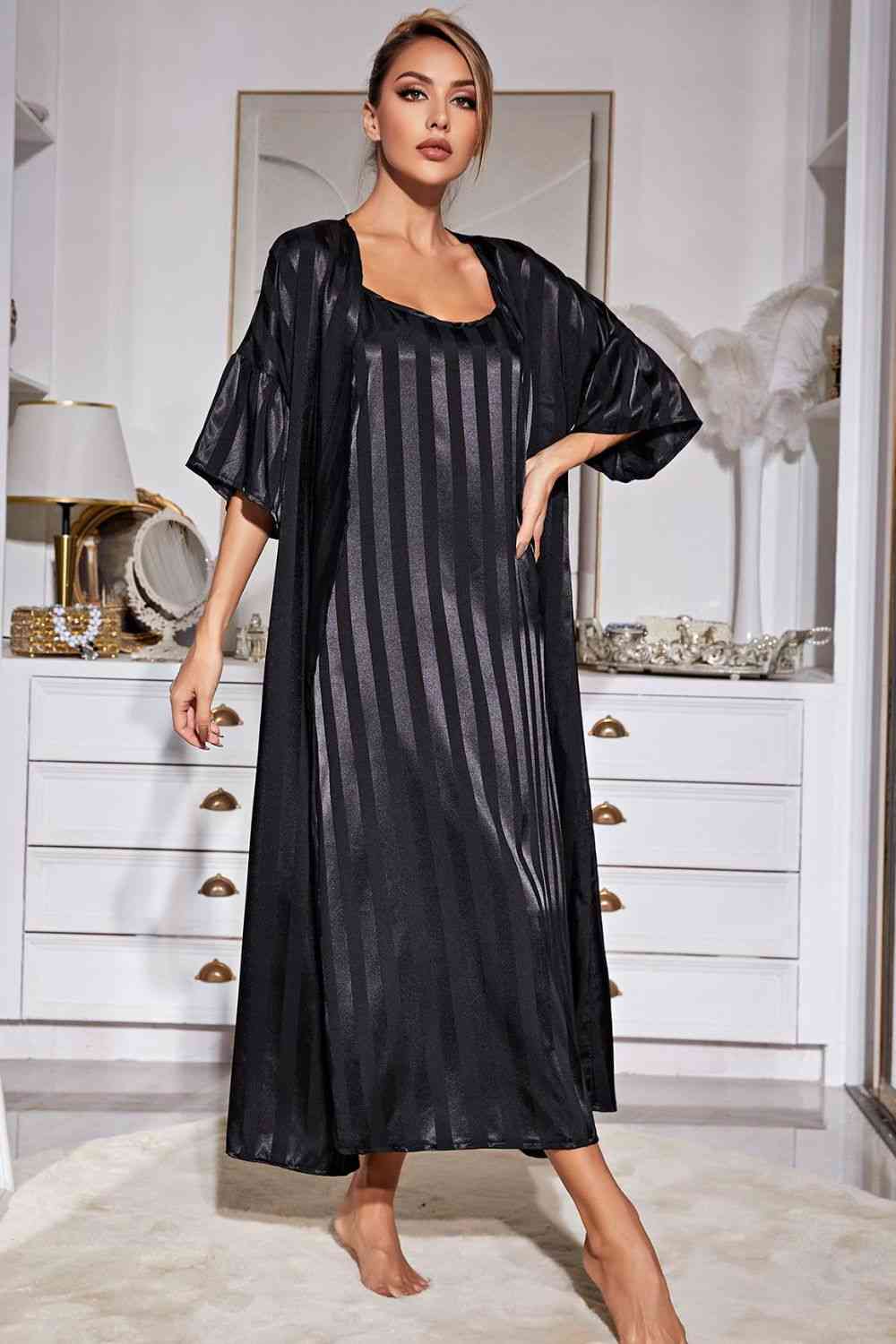 Striped Open Front Robe and Cami Night Gown Set