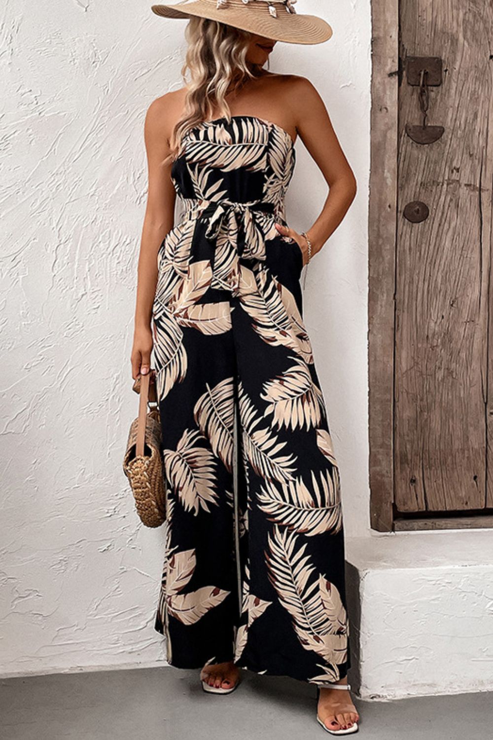 Vacation Get-Away Strapless Wide Leg Jumpsuit with Pockets