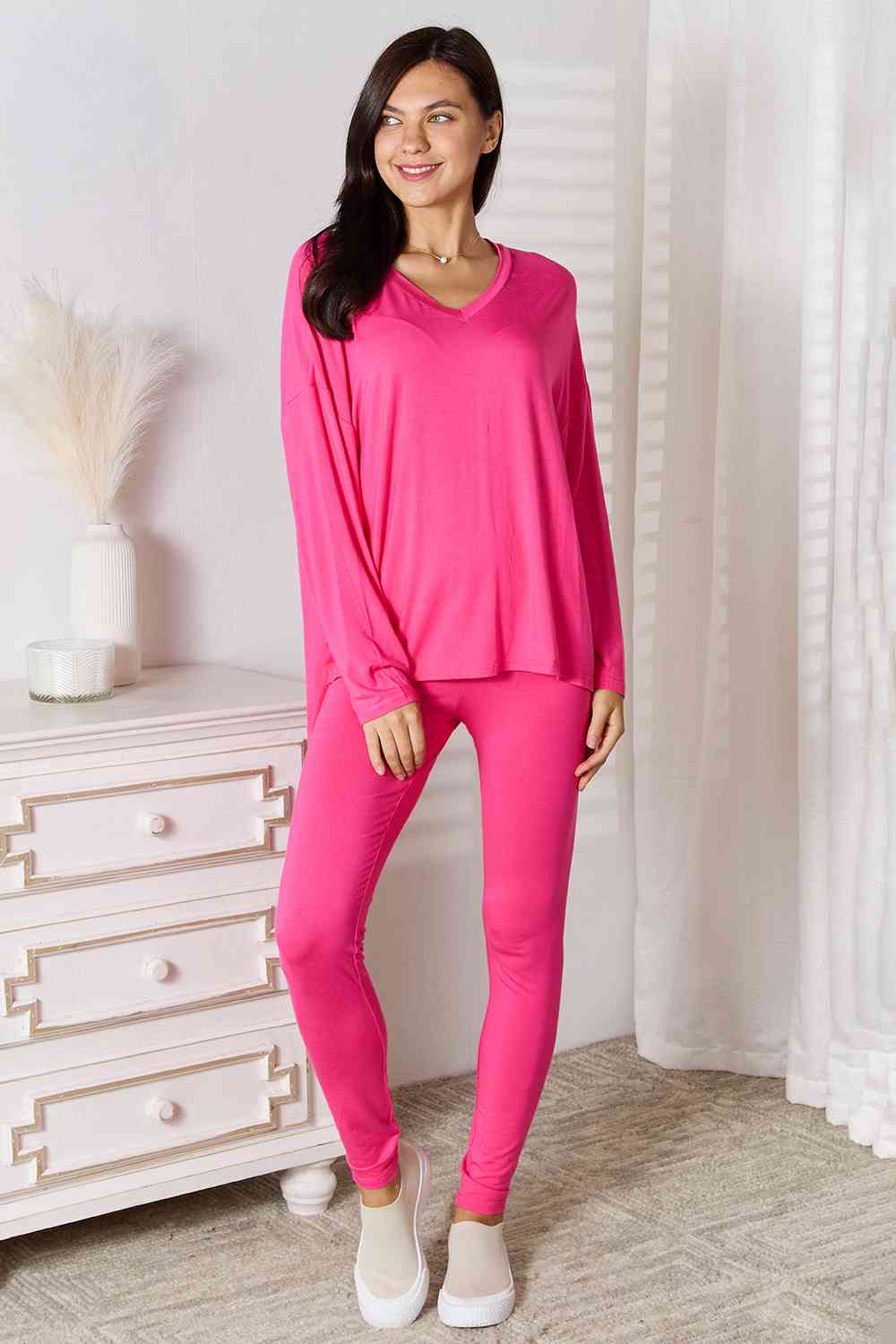 Full Size V-Neck Soft Rayon Long Sleeve Lounge Set