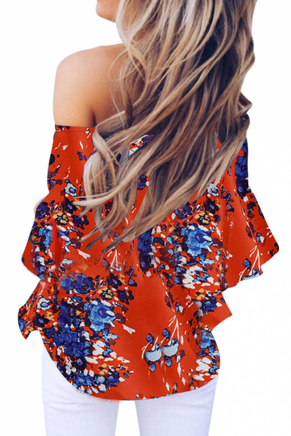 Off Shoulder Floral Tie Front Chiffon Blouse