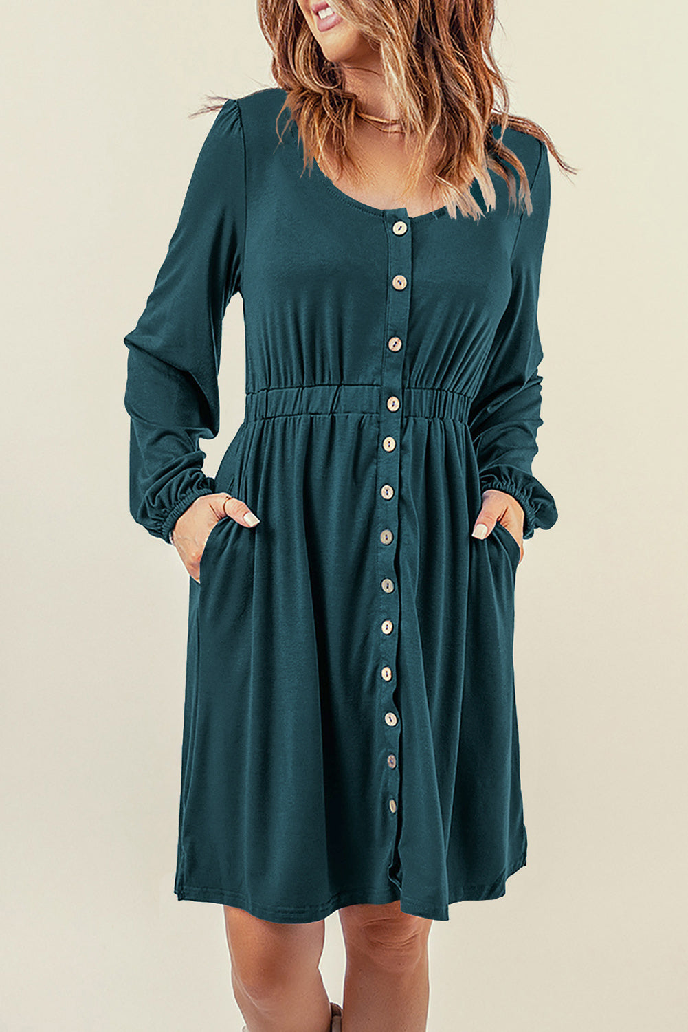 Button Down Long Sleeve Dress with Pockets