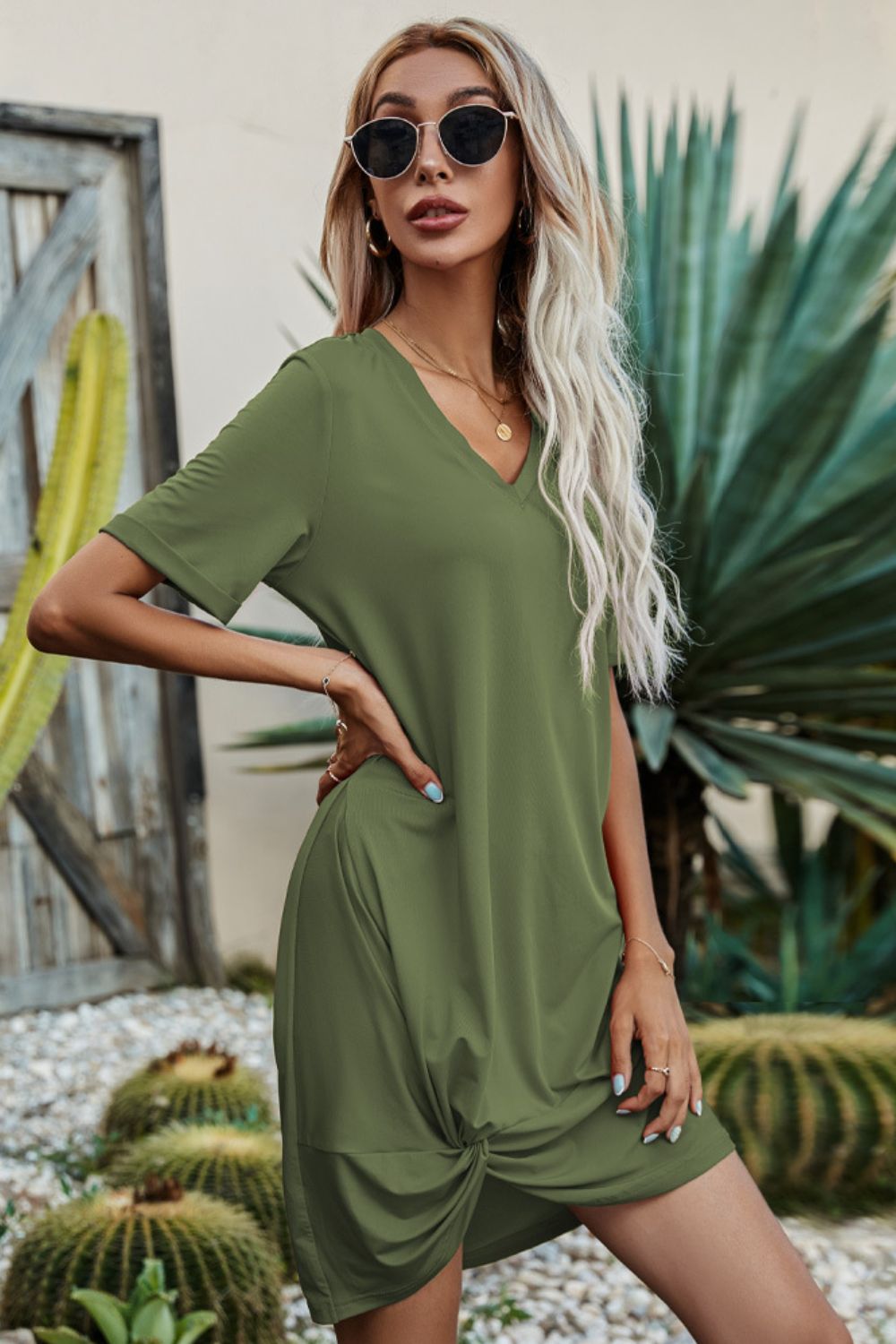 Twisted V-Neck Short Sleeve Dress (12 Variants)