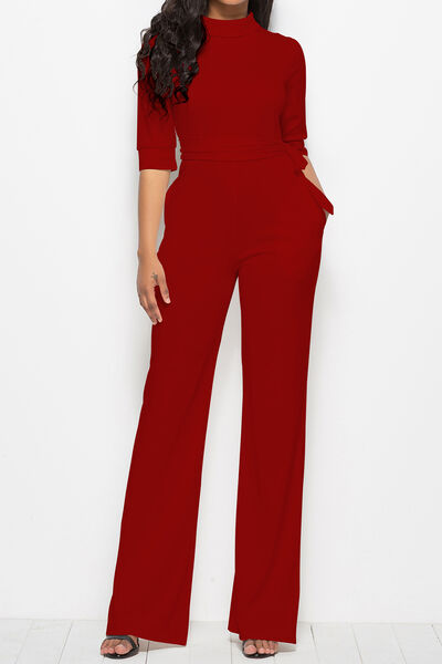 Mock Neck Tie-Waist Half Sleeve Jumpsuit (7 Variants)