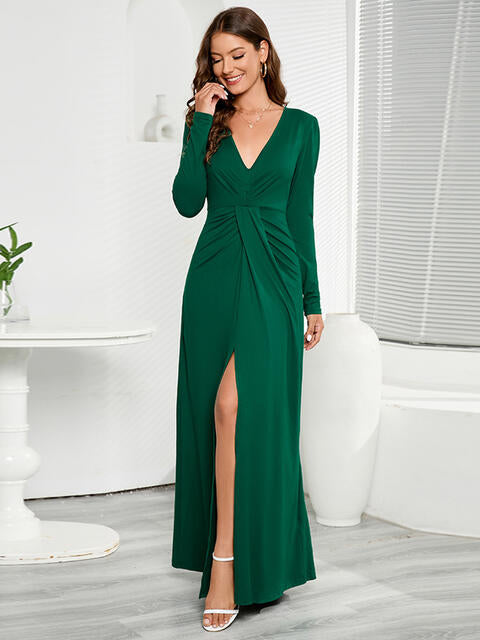 V-Neck Long Sleeve Split Dress (3 Variants)