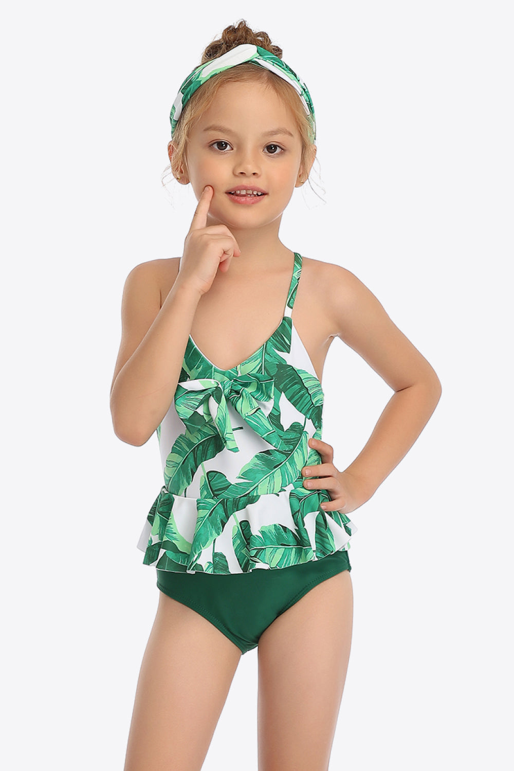 Girls Printed Bow Detail Ruffled One-Piece Swimsuit