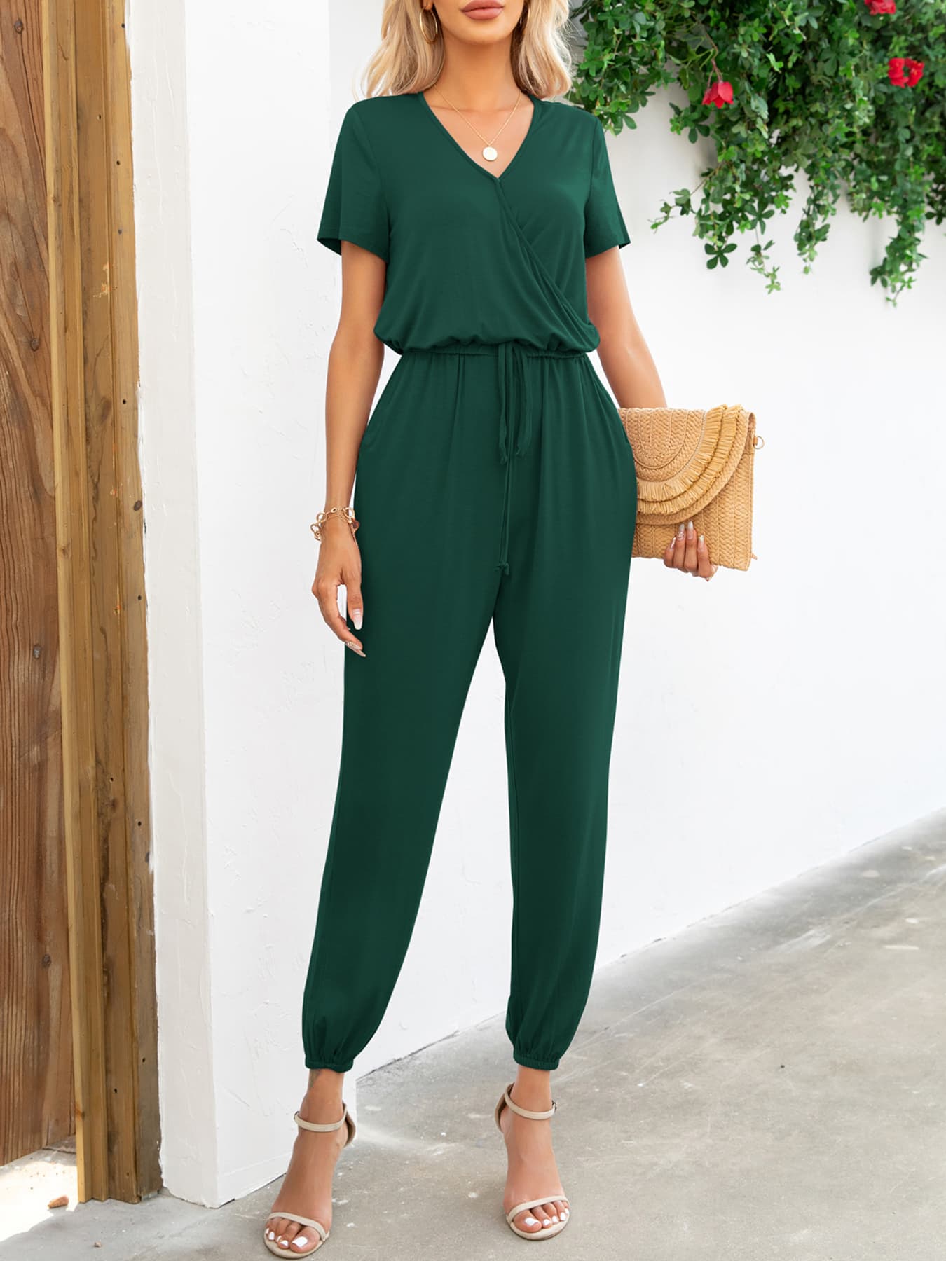 Short Sleeve V-Neck Jumpsuit with Pockets (6 Variants)