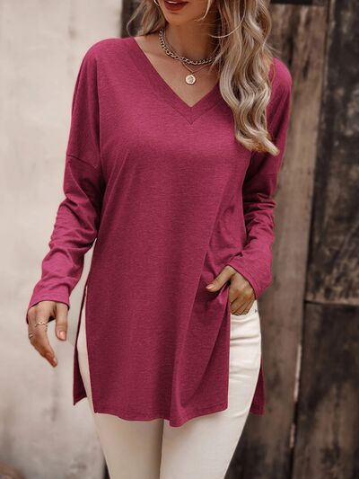 V-Neck Slit Long Sleeve T-Shirt