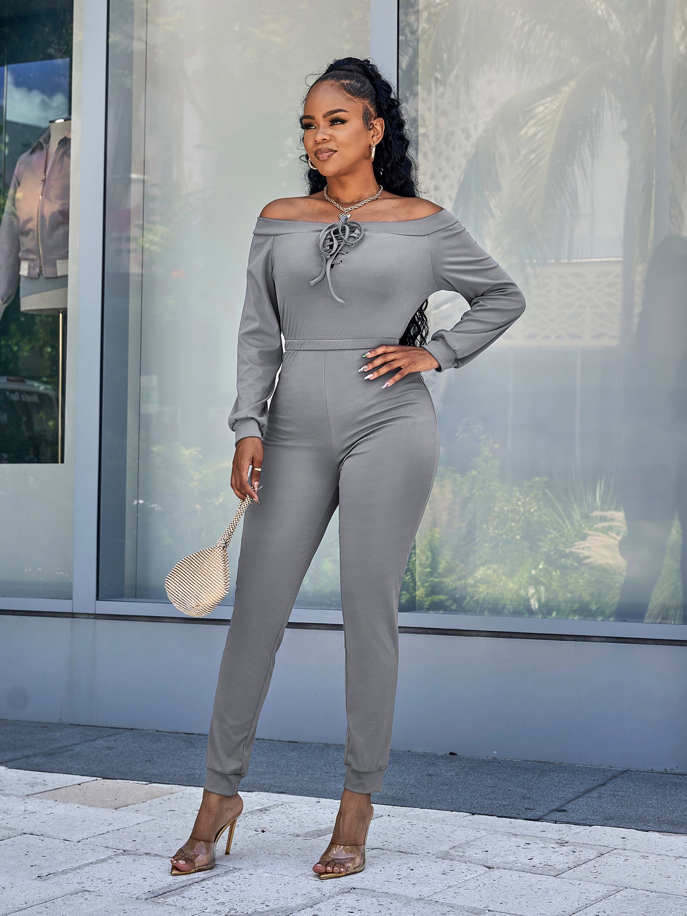 Lace-Up Off-Shoulder Long Sleeve Jumpsuit (3 Variants)