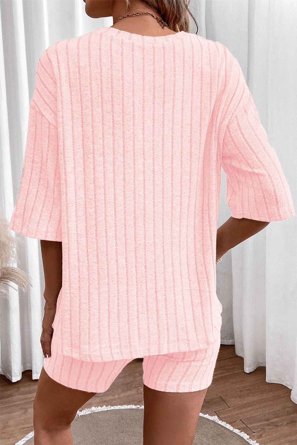 Blush Pink Ribbed Round Neck Top & Shorts Set