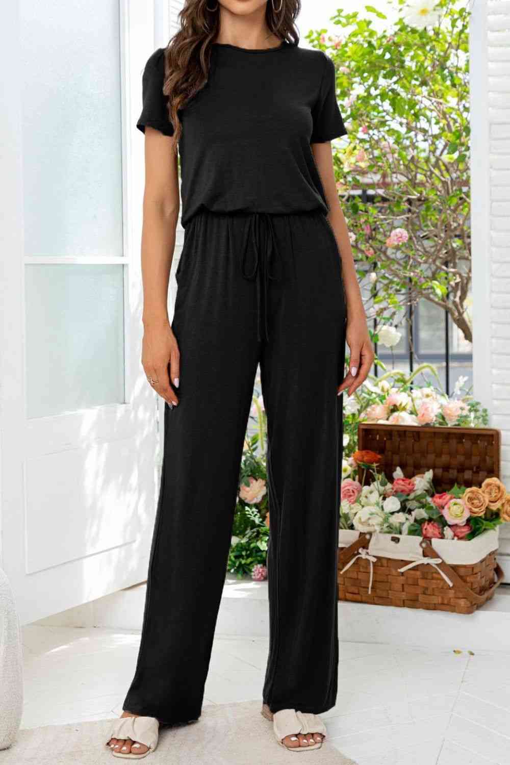 Round Neck Open Back Jumpsuit with Pockets (3 Variants)