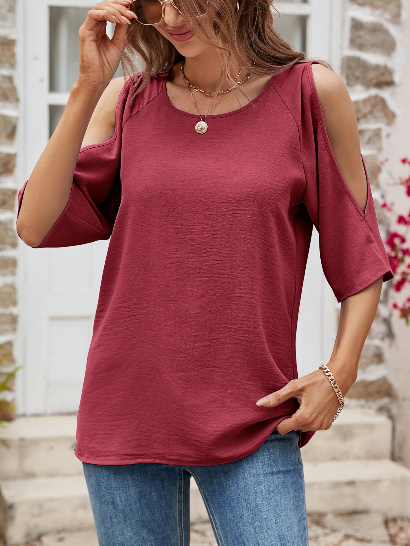 Textured Round Neck Split Sleeve Top