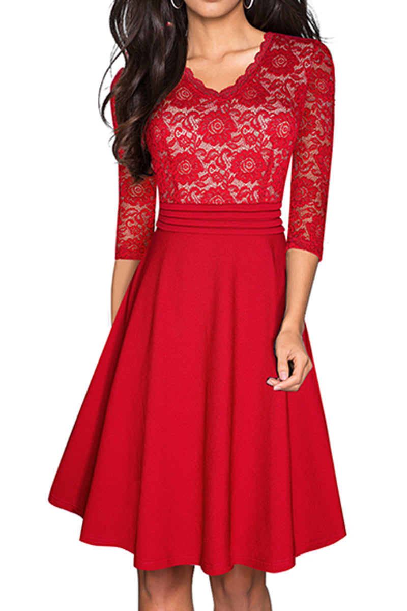 V-Neck Lace Detail Knee-Length Dress (9 Variants)