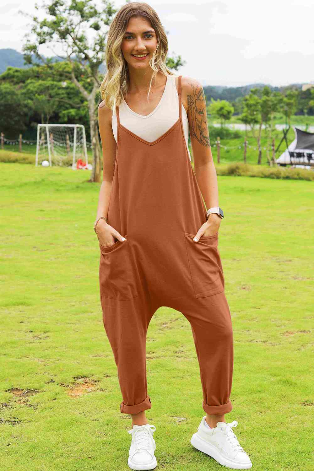 Double Take Full Size Sleeveless V-Neck Pocketed Jumpsuit (4 Variants)