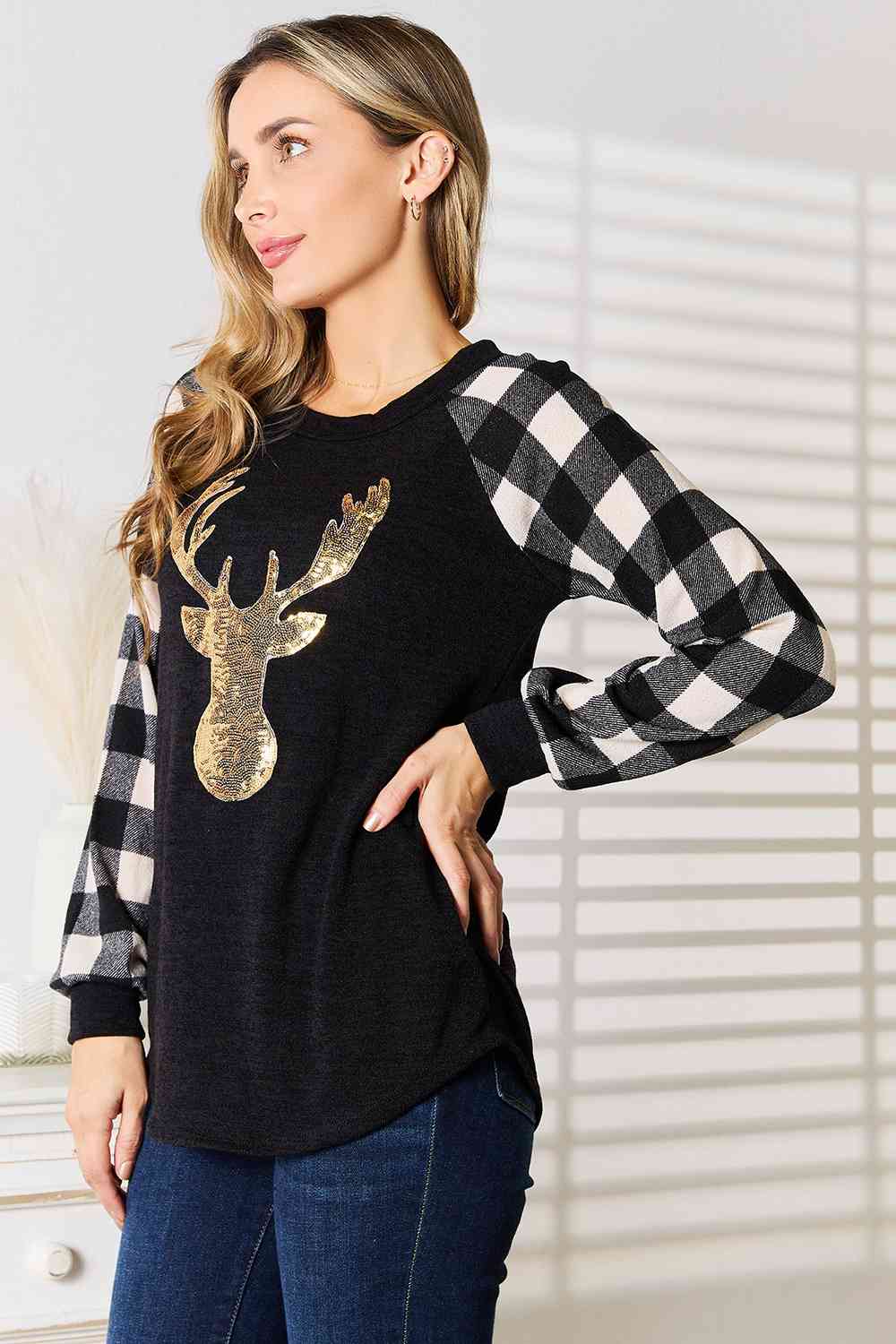 Heimish Full Size Sequin Reindeer Plaid Top