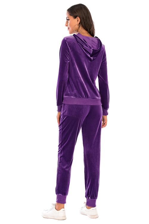 Velour Styled Zip-Up Hoodie and Pants Set