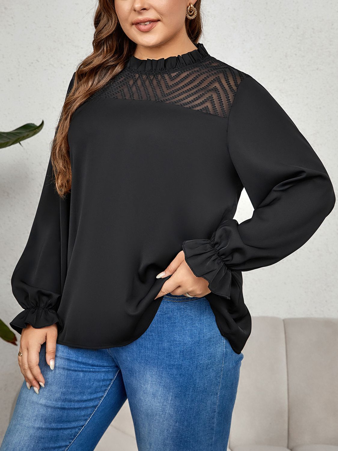 Plus Size Round Neck Flounce Sleeve Blouse