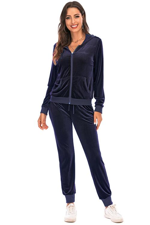 Velour Styled Zip-Up Hoodie and Pants Set