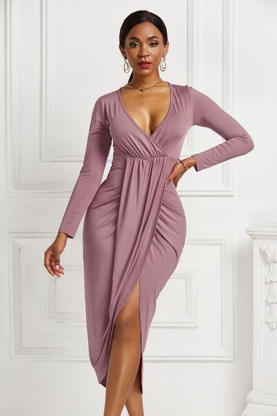 High-low Ruched Surplice Long Sleeve Dress (7 Variants)