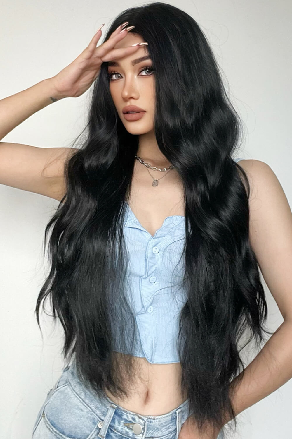 28" Long Black Deep Wave Synthetic Wig