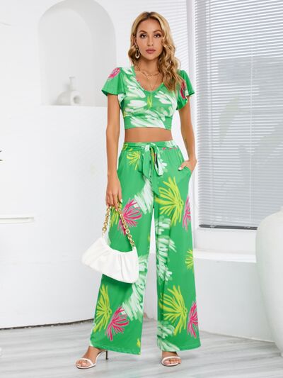 Tropical V-Neck Top & Tied Pants Set (3 Variants)