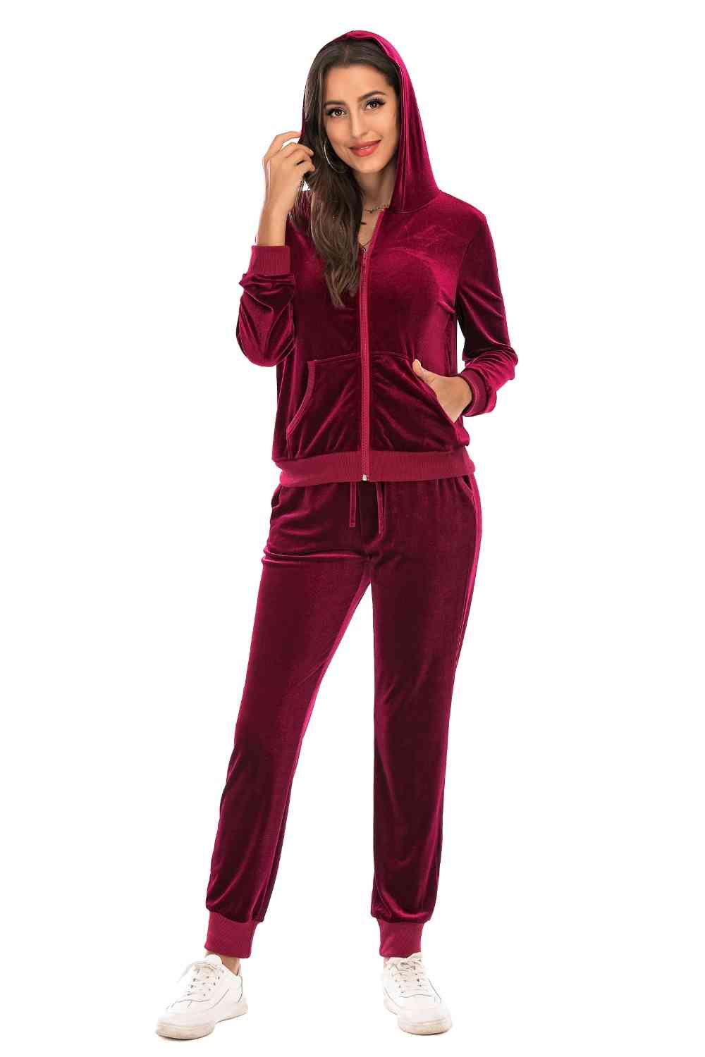 Velour Styled Zip-Up Hoodie and Pants Set