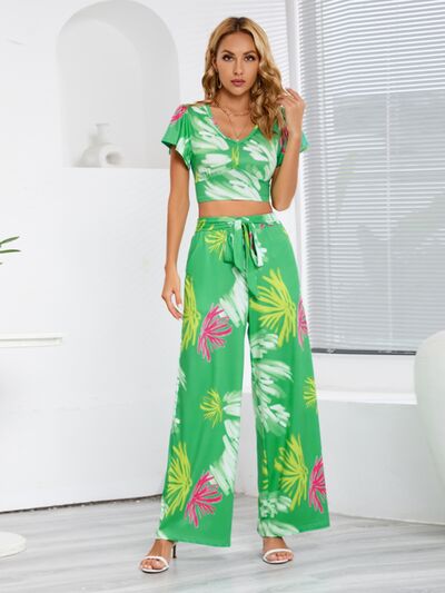 Tropical V-Neck Top & Tied Pants Set (3 Variants)