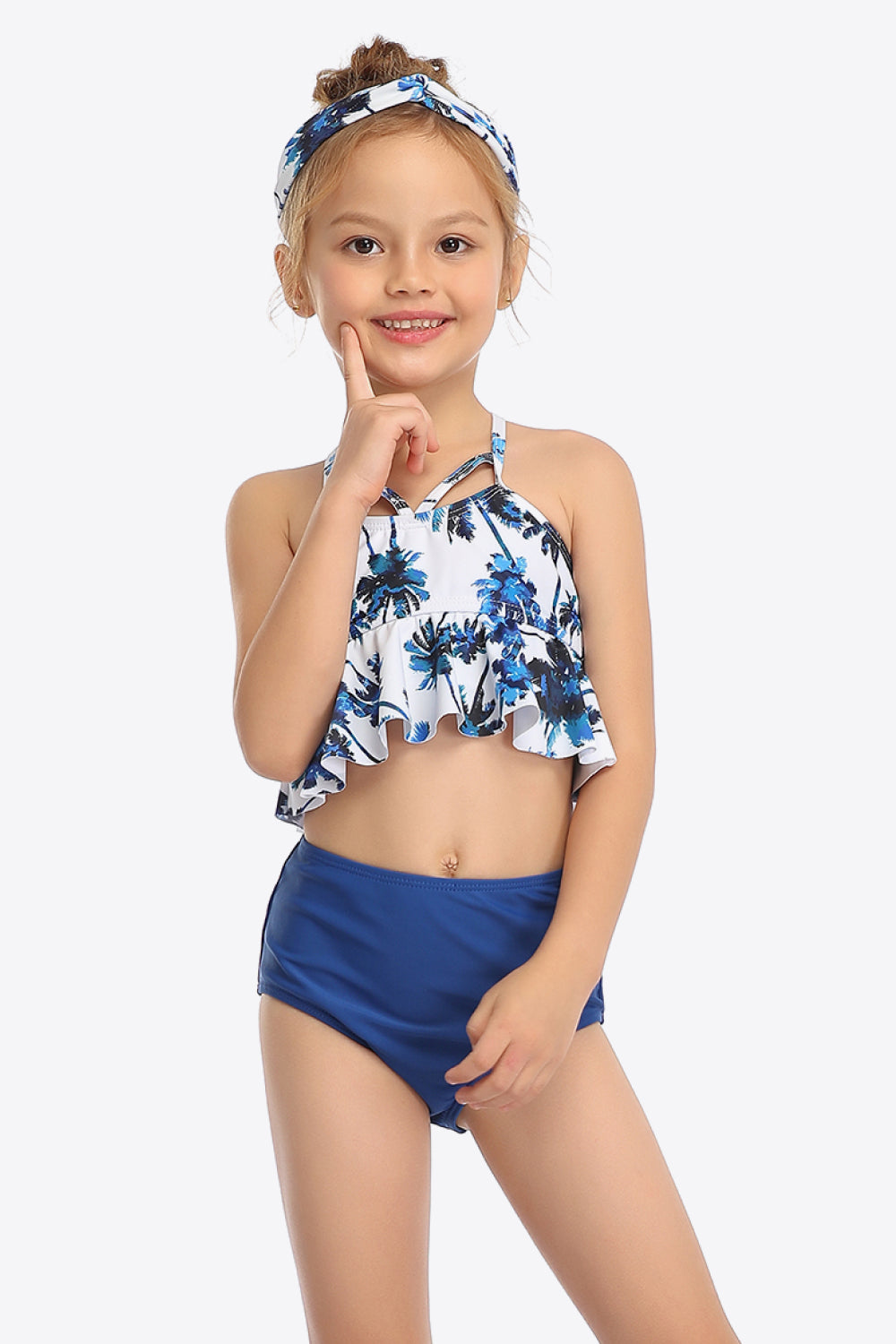 Girls Botanical Print Crisscross Ruffled Two-Piece Swim Set